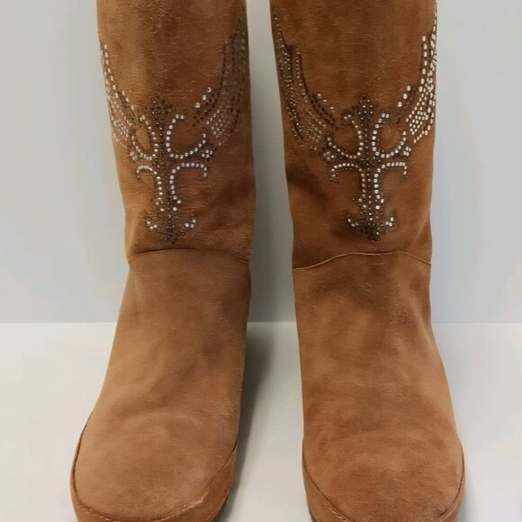 Reba Studded Angel Wings Western Country brown leather suede wedge boots 9 - Picture 4 of 6